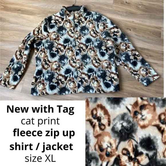 Relist11/25 cat print fleece zip shirt jacket cat animal print size XL - Picture 2 of 9